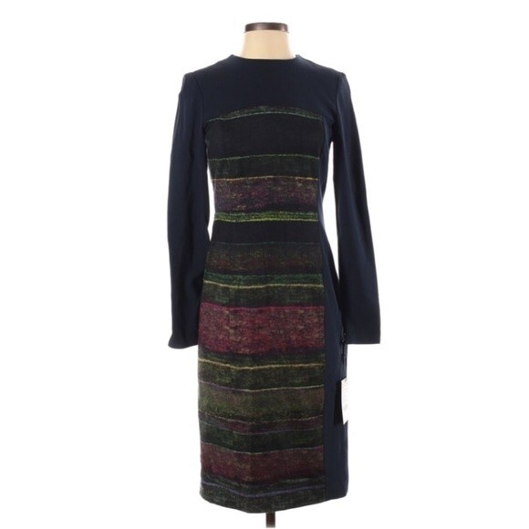 WORTH Navy Multicolor Stripe Career Sophisticated Bodycon Dress NWT Size 2 - Picture 1 of 16